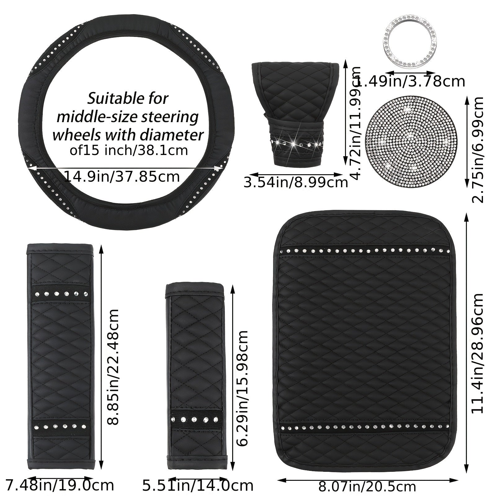 10pcs Bling Car Accessories Set For Women Rhinestones Faux Leather Accessories Steering Wheel Cover Armrest Cover Gear Shift Cover Seat Belt Cover Handbrake Cover Cup Pads Start Button Ring